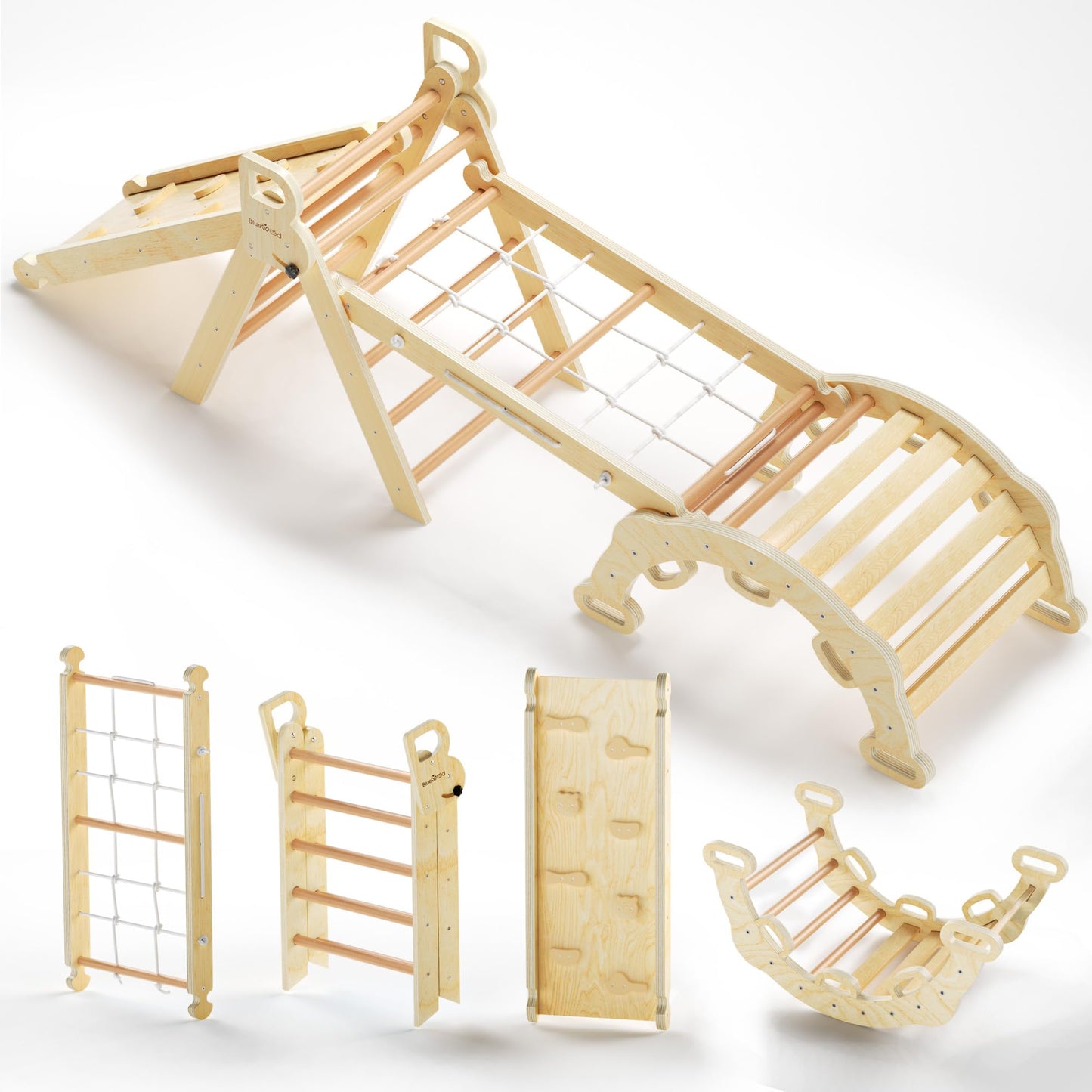 Bluewood 2025 8 In 1 Pikler Triangle Climbing Set Toddler Toys Indoor Baby Jungle Gym Climber Playground For Kids - Natural Wood