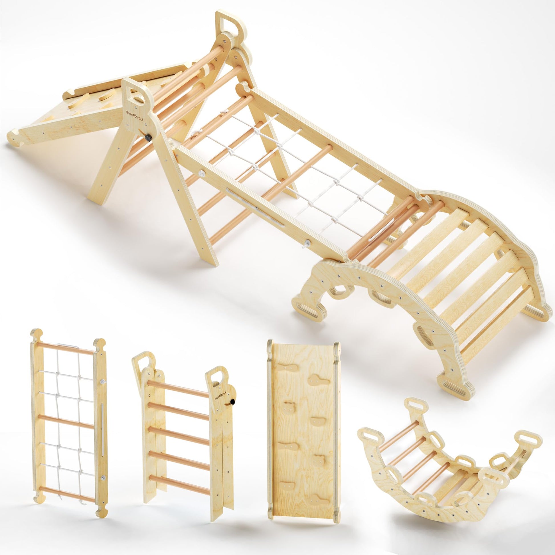 Bluewood 2025 8 In 1 Pikler Triangle Climbing Set Toddler Toys Indoor Baby Jungle Gym Climber Playground For Kids - Natural Wood