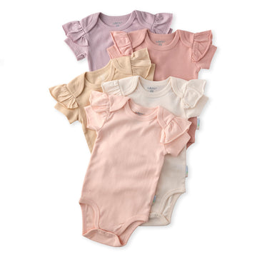 Butterblu Baby Girls Rory 5Pack Short Sleeve Ruffle Shoulder Bodysuits 100% Organic Cotton For Baby Girls, Sorbet, Newborn