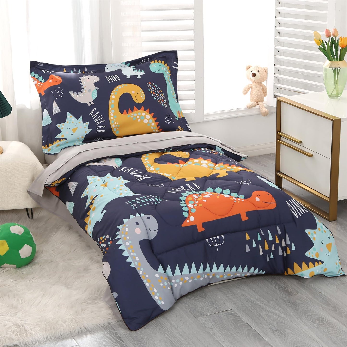 Wowelife Toddler Bedding Sets For Boys, Premium 4 Piece Dinosaur Toddler Comforter Set, Blue Grey Toddler Bed Set, Super Soft An