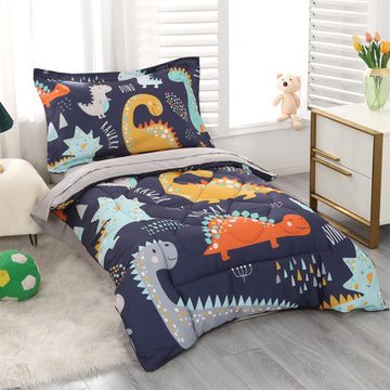 Wowelife Toddler Bedding Sets For Boys, Premium 4 Piece Dinosaur Toddler Comforter Set, Blue Grey Toddler Bed Set, Super Soft An