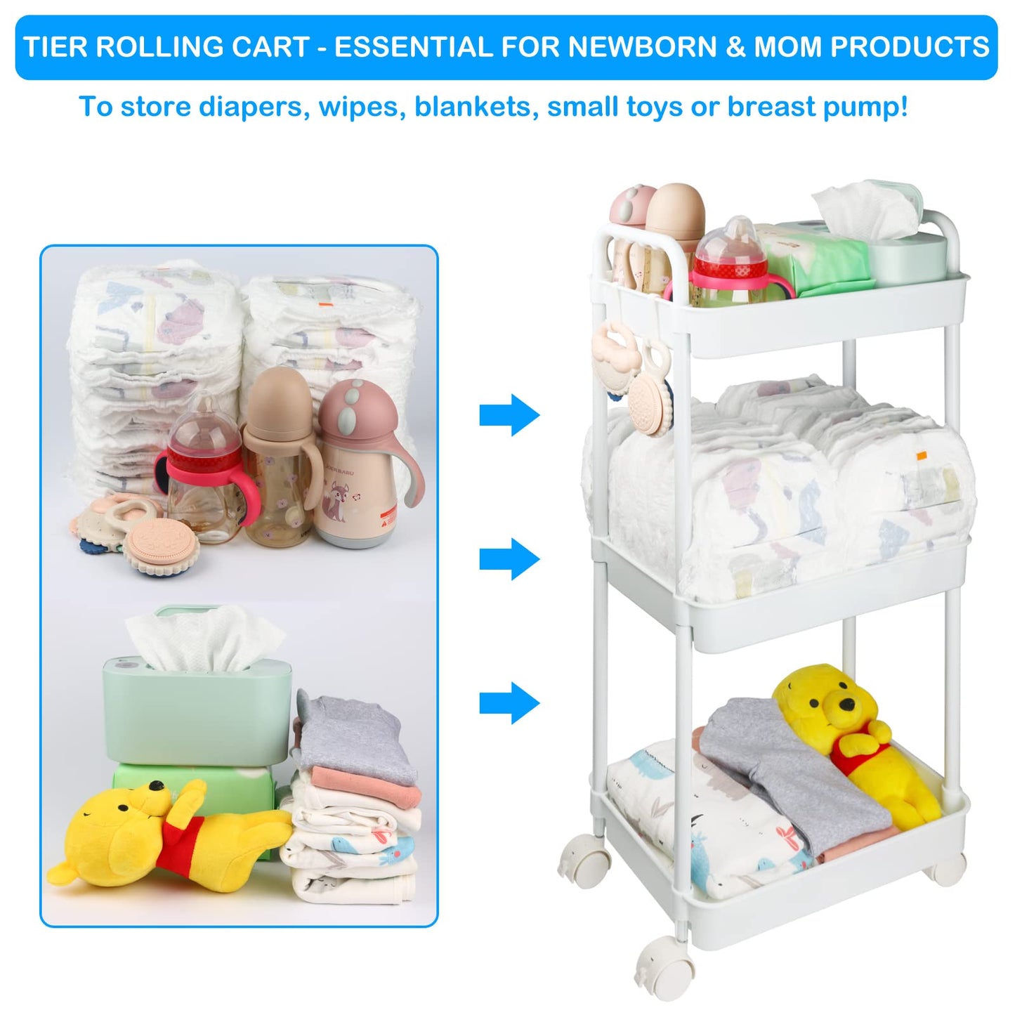 Volnamal Diaper Caddy Organizer, 3-Tier Movable Diaper Cart with Wheels, Newborn Essentials Must Haves, Diaper Caddy for Wipes &