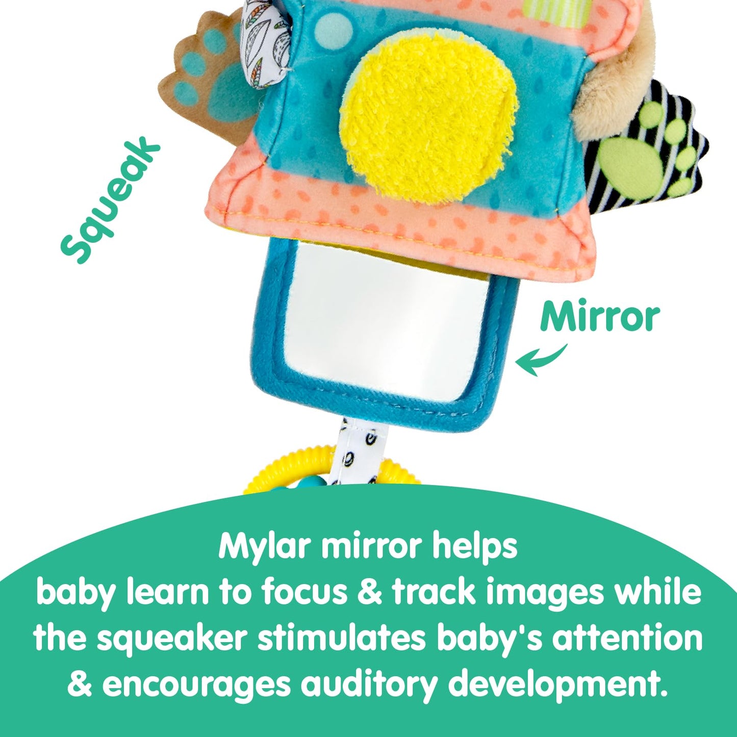 LAMAZE Arty Says Cheese Clip On Stroller Toy - Baby Sensory Toys with Crinkle and Squeak Sounds - Includes Clip for On-The-Go St