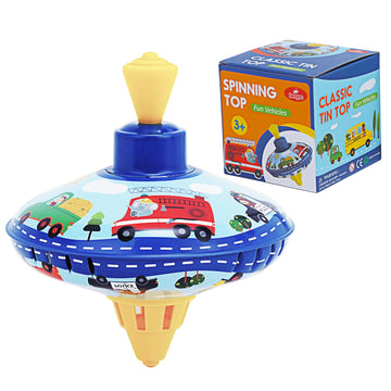 Beeqoo Retro Spinning Top Tin Toy For Kids - Fun Vehicle Classic Toys - Toddler Traditional Spin Tops - Metal Fidget Spinner For