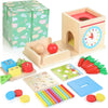 Kizfarm Wooden Montessori Baby Toys, 8-in-1 Wooden Play Kit Includes Object Permanent Box, Coin Box, Carrot Harvest, Shape Sorti