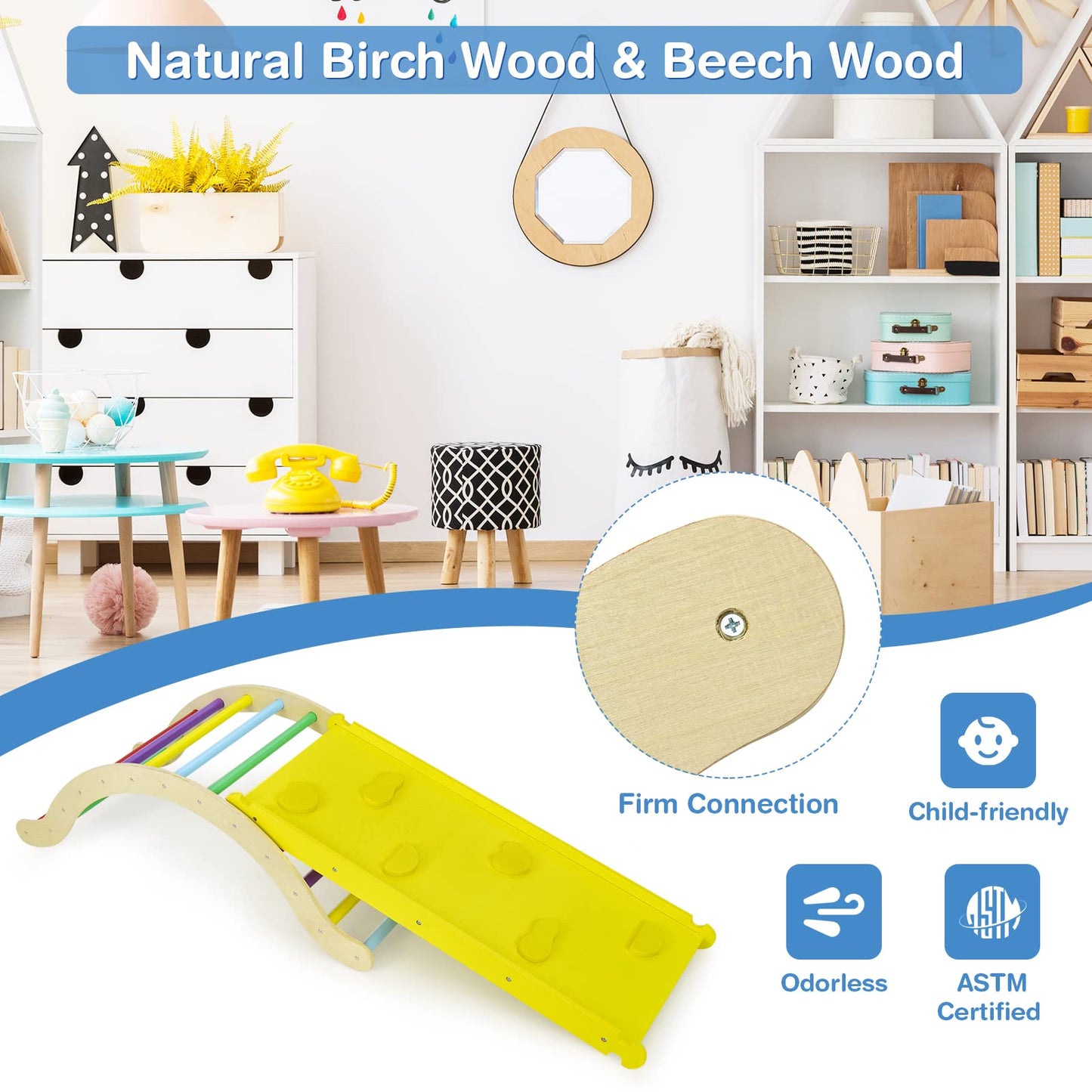 Honey Joy Wooden Ladder Arch For Climbing, 3 In 1 Kids Climber Ladder & Rocker Board W/Cushion Pad, Toddler Climbing Toy Set For