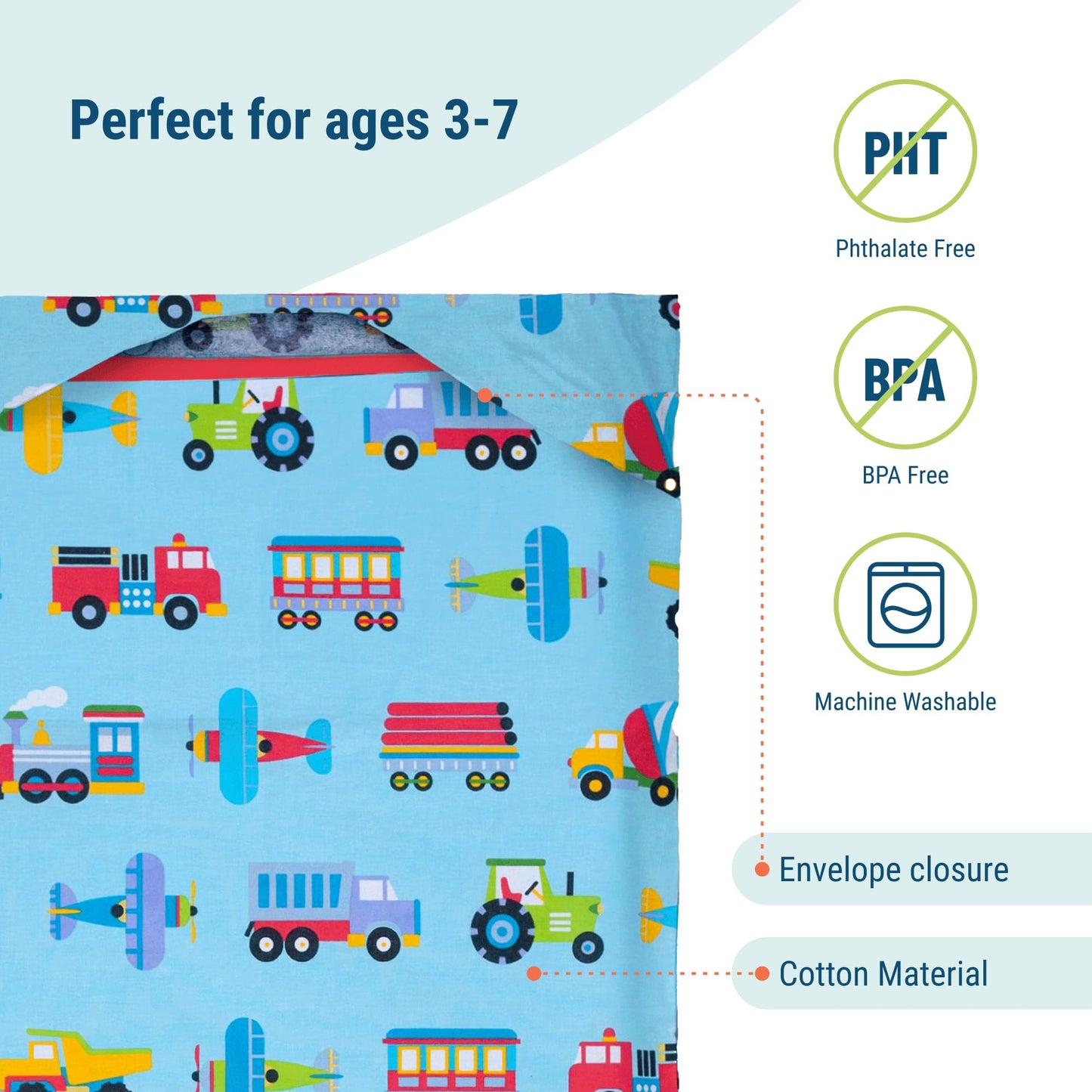 Wildkin Kids Nap Mat Cover - Soft, Sewn-In Flap, Durable & Fits 1.5' Vinyl Sleep Mats - Trains, Planes & Trucks