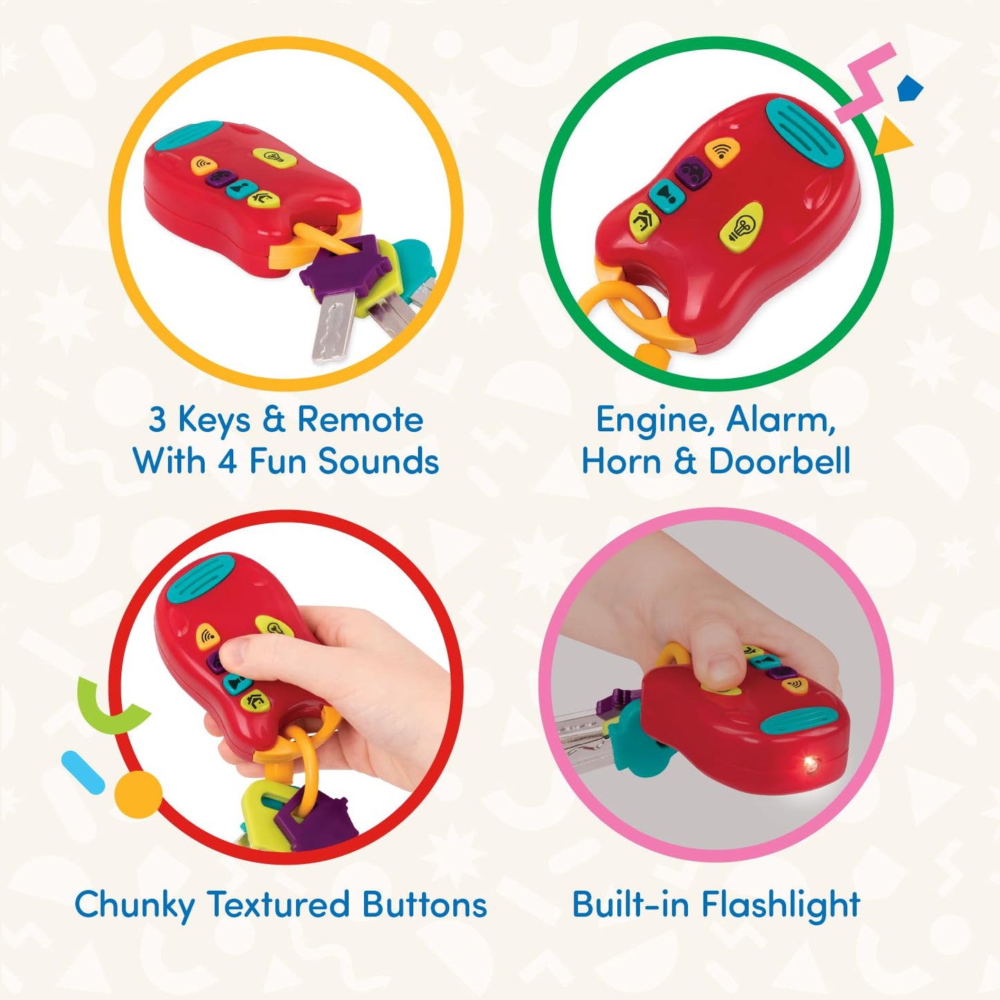 Battat - Toy Keys Set - 3 Keys & Remote With 4 Fun Sounds - Mini Flashlight - Toy Car Keys With Fob For Baby, Toddler - 10 Month