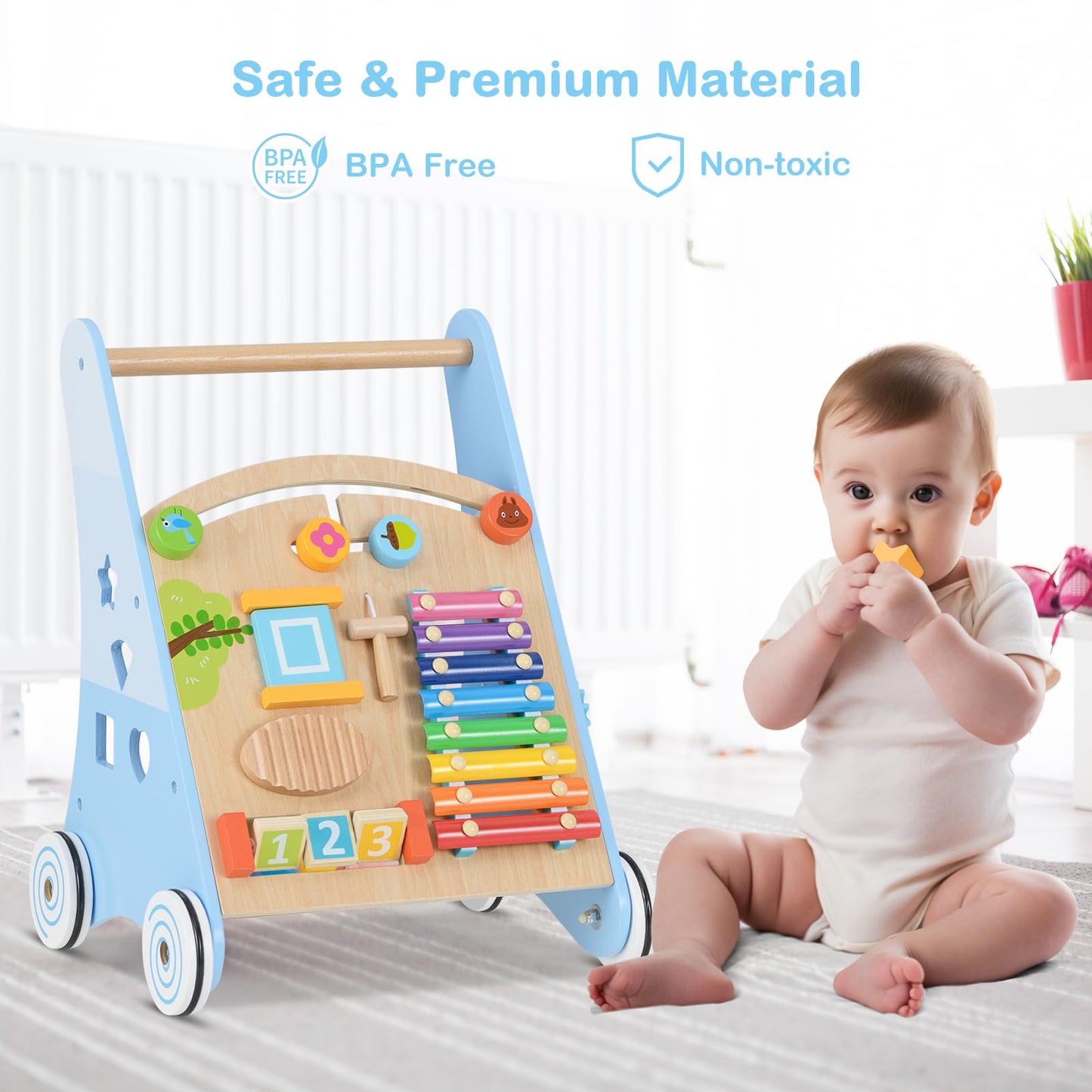 INFANS Wooden Baby Walker, Montessori Walker with Multiple Activity Toys, Storage, Push Toys for Infant Learning to Walk, Sit to