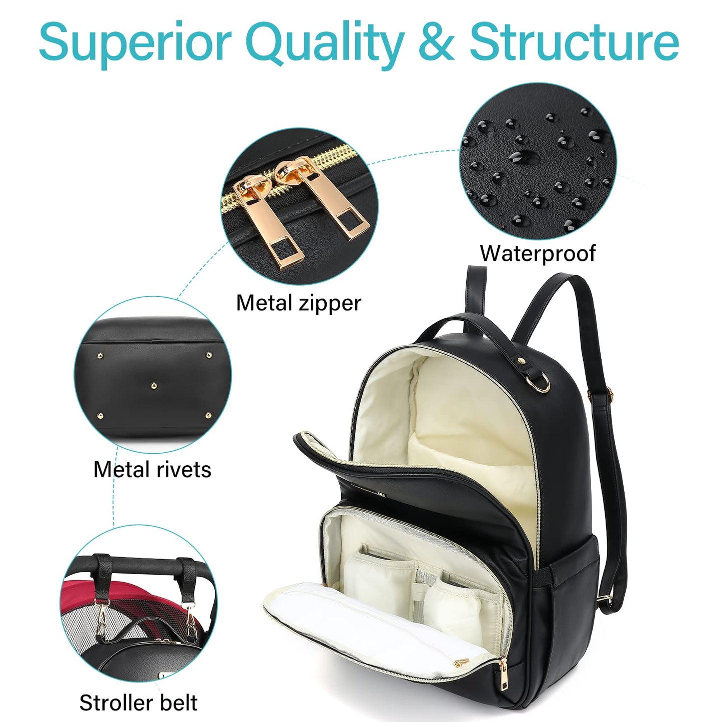 Leather Diaper Bag Backpack - Large Capacity Baby Essentials Travel Baby Bag With Changing Pad, Multi Function Waterproof Baby B