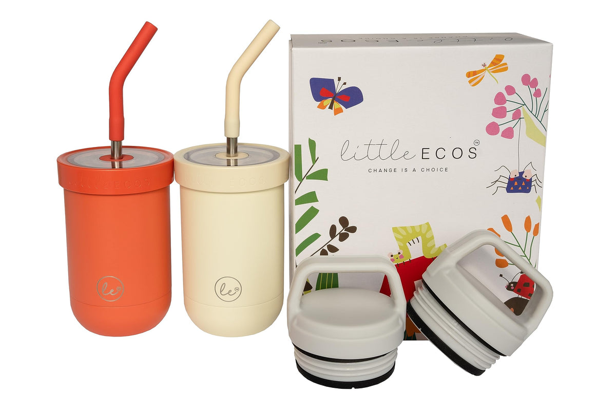 Little Ecos Toddler Straw Cups Spill Proof | Set Of 2 Stainless Steel Baby Straw Sippy Cups For Toddlers 2+ 3+ Year Old | Insula