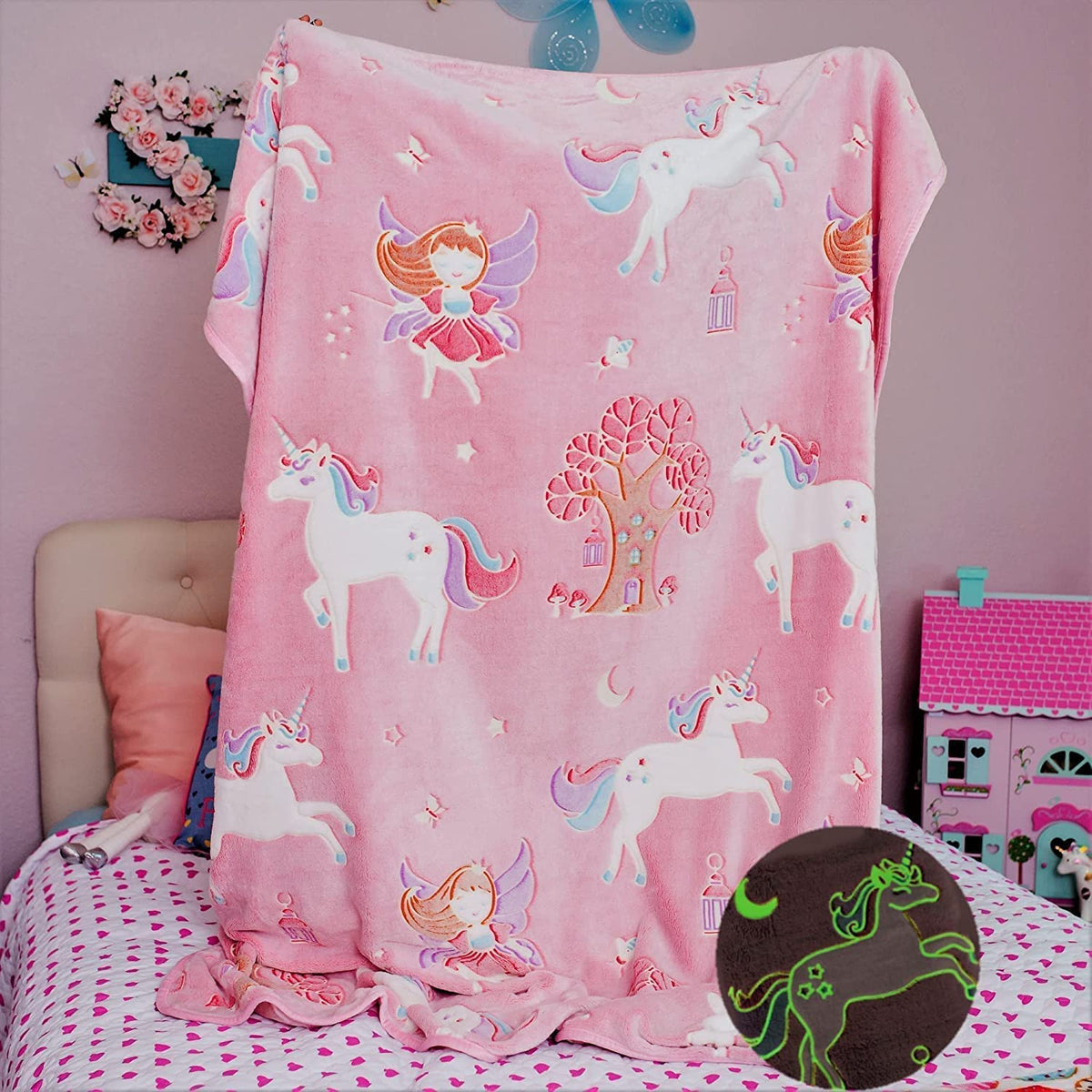 AJUDIYA CREATION Unicorn Fairy Flannel Blanket for Girls, Pink, Glow in the Dark, Soft Throw, Kids Bedding