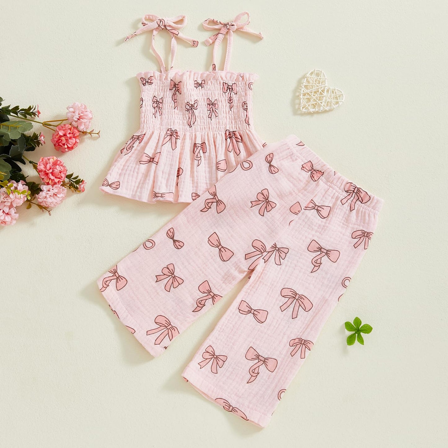 Visgogo Valentines Day Baby Girl Outfits Sleeveless Smocked Strap Camisole Linen Pants Heart/Bow Baby Summe Clothes (Pink-Bow, 1