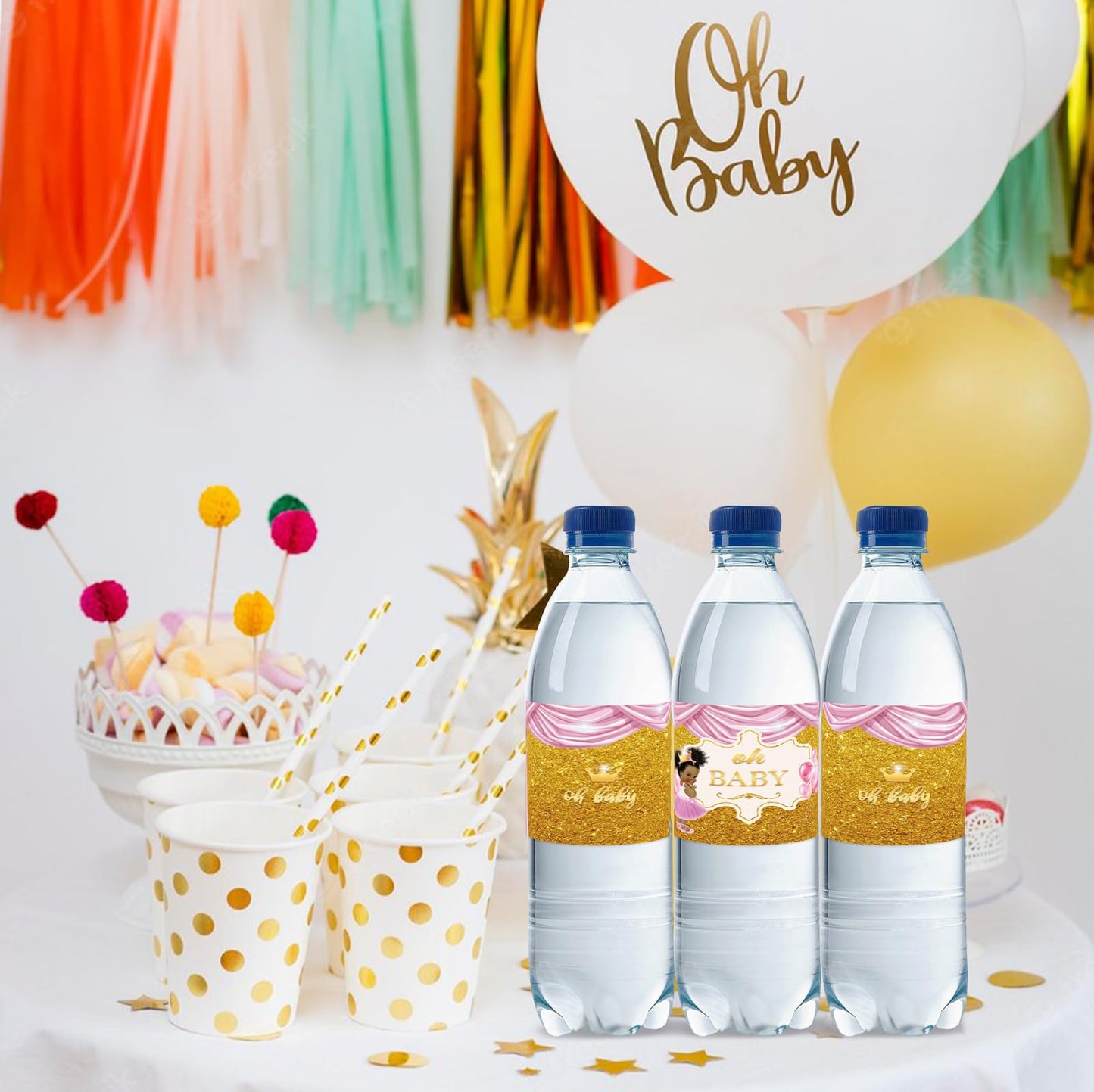 Rostyakz 32Pcs Gold Glitter Pink Water Bottle Labels, Gender Reveal & 1St Birthday Bottle Stickers, Labels For Baby Shower