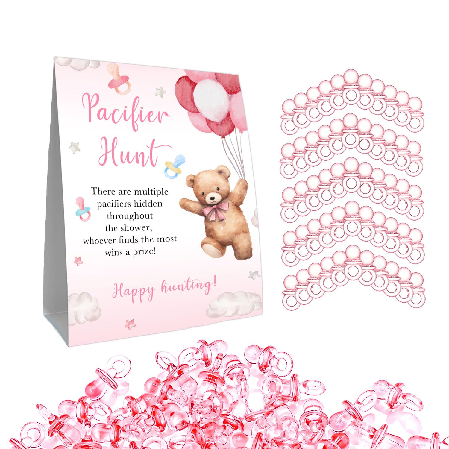 Guawubiang Winnie Pacifier Hunt Sign, Mini Pacifiers Baby Shower Game Set, 50Pcs Pooh Girl Baby Shower Game Decorations Set, Pin