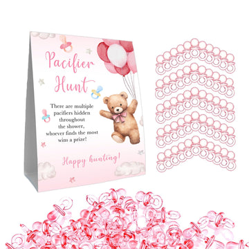 Guawubiang Winnie Pacifier Hunt Sign, Mini Pacifiers Baby Shower Game Set, 50Pcs Pooh Girl Baby Shower Game Decorations Set, Pin