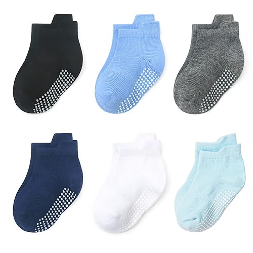 Qiyiendian 6 Pairs Non Slip Cozy Warm Ankle/Low Cut Socks With Grips For Baby Infant Toddler Kids Boys Girls(5-A Six Color,5-7 Y