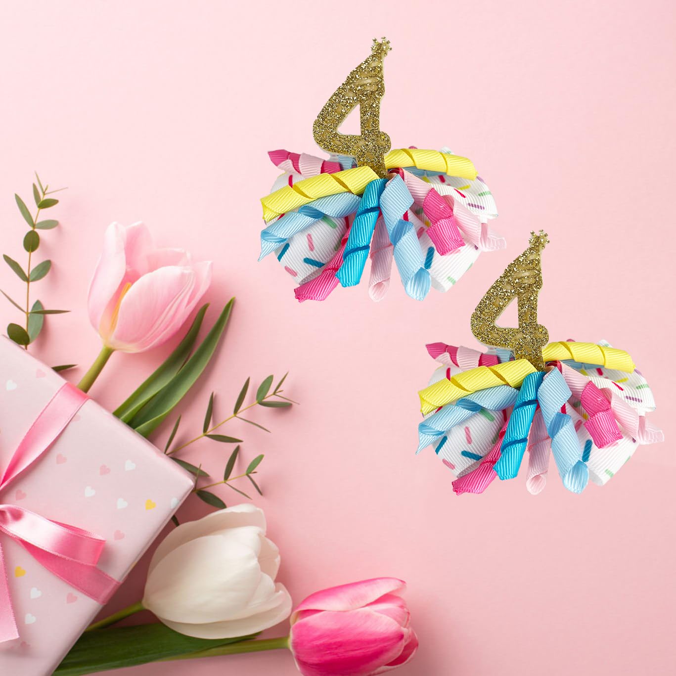 Birthday Hair Clips For Baby Girls - 2Pc Curly Ribbon With Gold Number Bow Hair Clips For 4Th Birthday Baby Bow Party Decoration