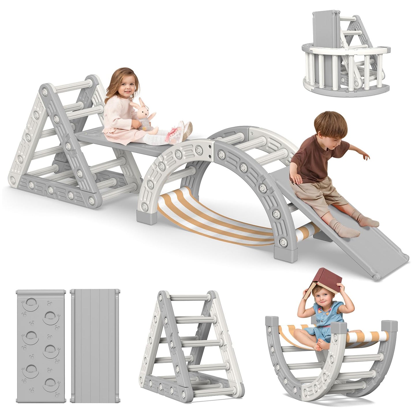 BIERUM Pikler Triangle Set, Plastic 8 in1 Toddler Climbing Toys Indoor with Comfortable Hammock,Foldable Pickler Climbing Set, J