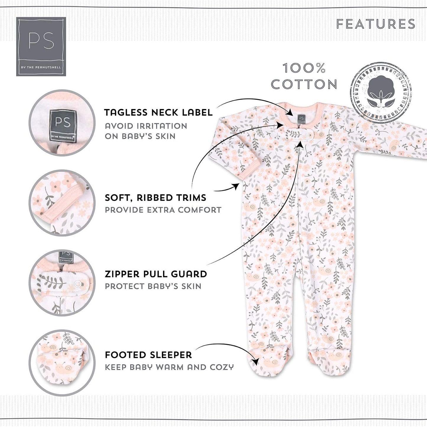 The Peanutshell Flowers & Stars 3 Pack Footed Sleepers For Baby Girls (9M) Pink