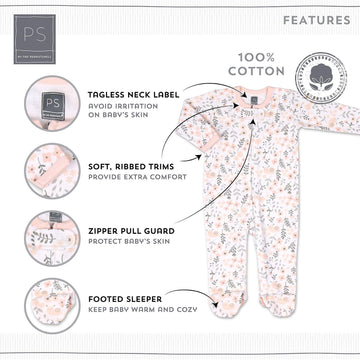 The Peanutshell Flowers & Stars 3 Pack Footed Sleepers For Baby Girls (9M) Pink