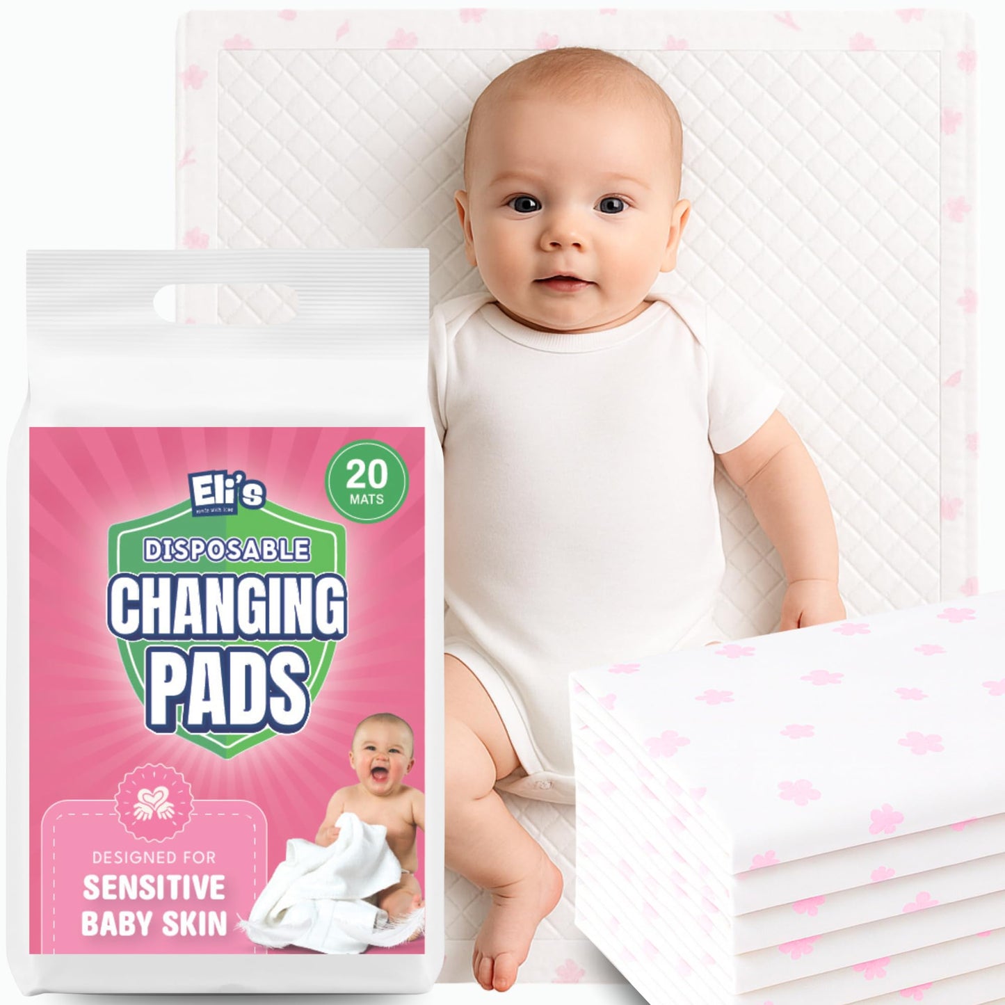 Eli with Love Disposable Baby Changing Pads - Soft, Waterproof & Leakproof Liners Absorbent Underpads - Large Travel Size Diaper