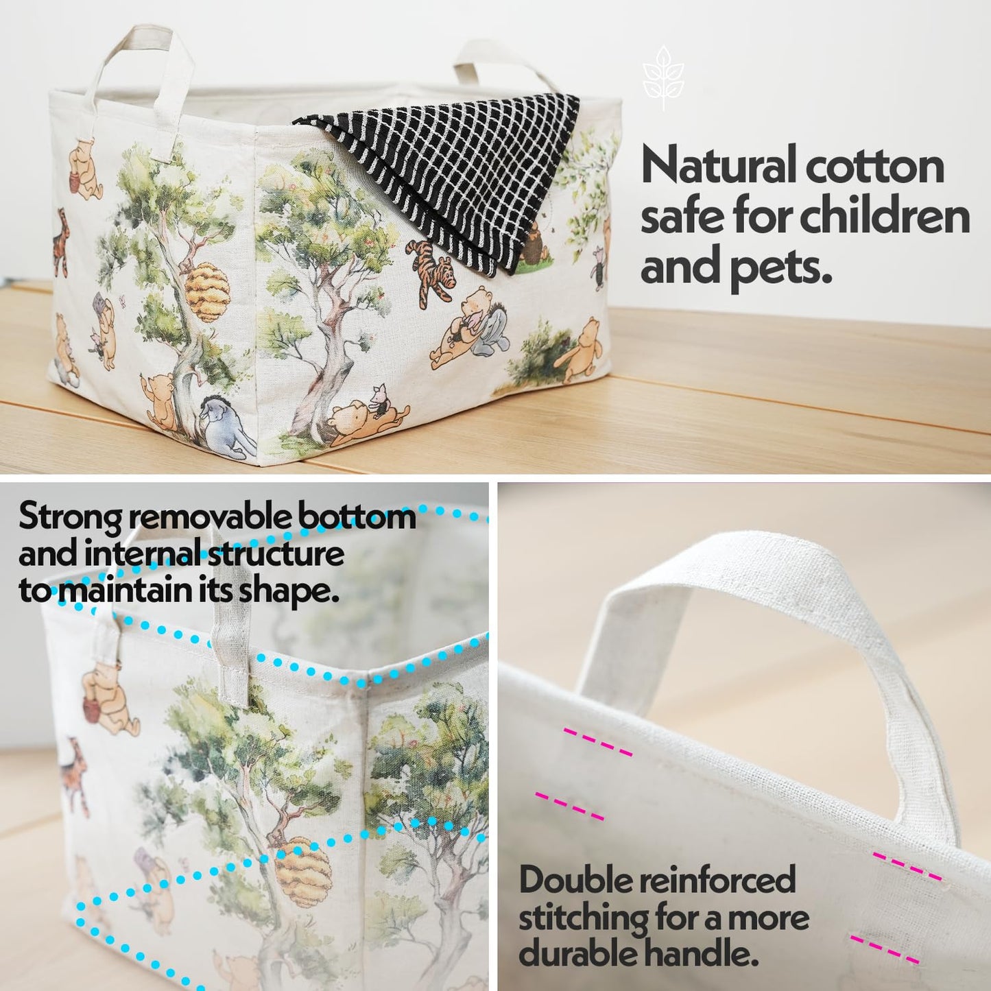 Sweet Baby Co. Classic Winnie Pooh Storage Nursery Basket With Hard Bottom Large Square Canvas Cotton Laundry Hamper Bin Waterpr