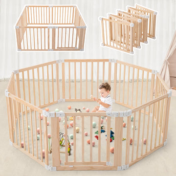 Foldable Wooden Playpen,Large Baby Gate Playpen with Child-Proof Lock-Easy Assembly, Portable Design for Babies & Toddlers- Shap