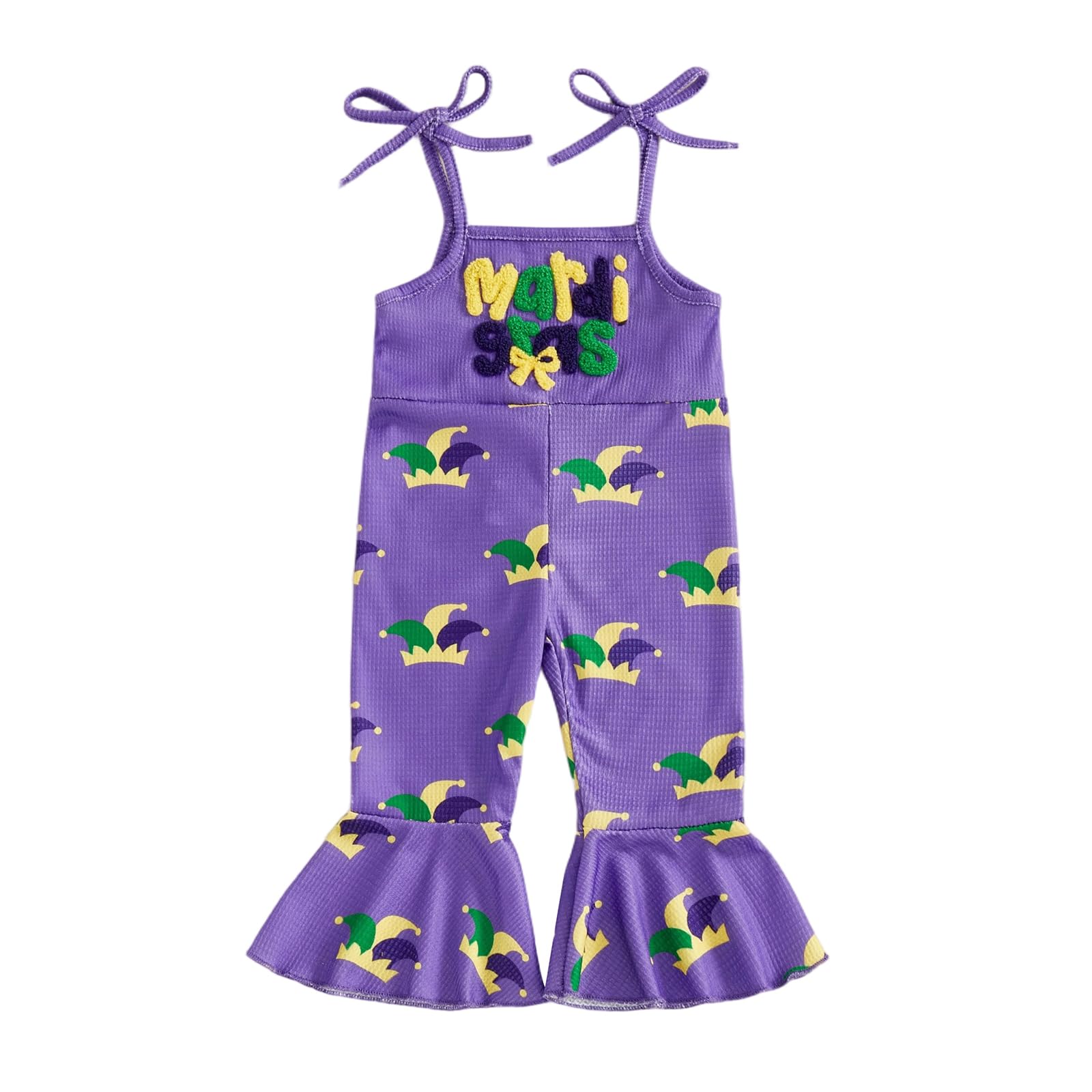 YOKJZJD Toddler Baby Girl Mardi Gras Outfit Suspender Romper Jumpsuit Overalls Bell Bottom Pants Fall Clothes (Purple, 6-12 Mont