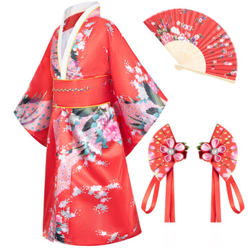 Elibelle Japanese Traditional Dress Kimono Robe For Kids Girls Costume Silk Folding Fans Hairstick Set(Red150Cm)