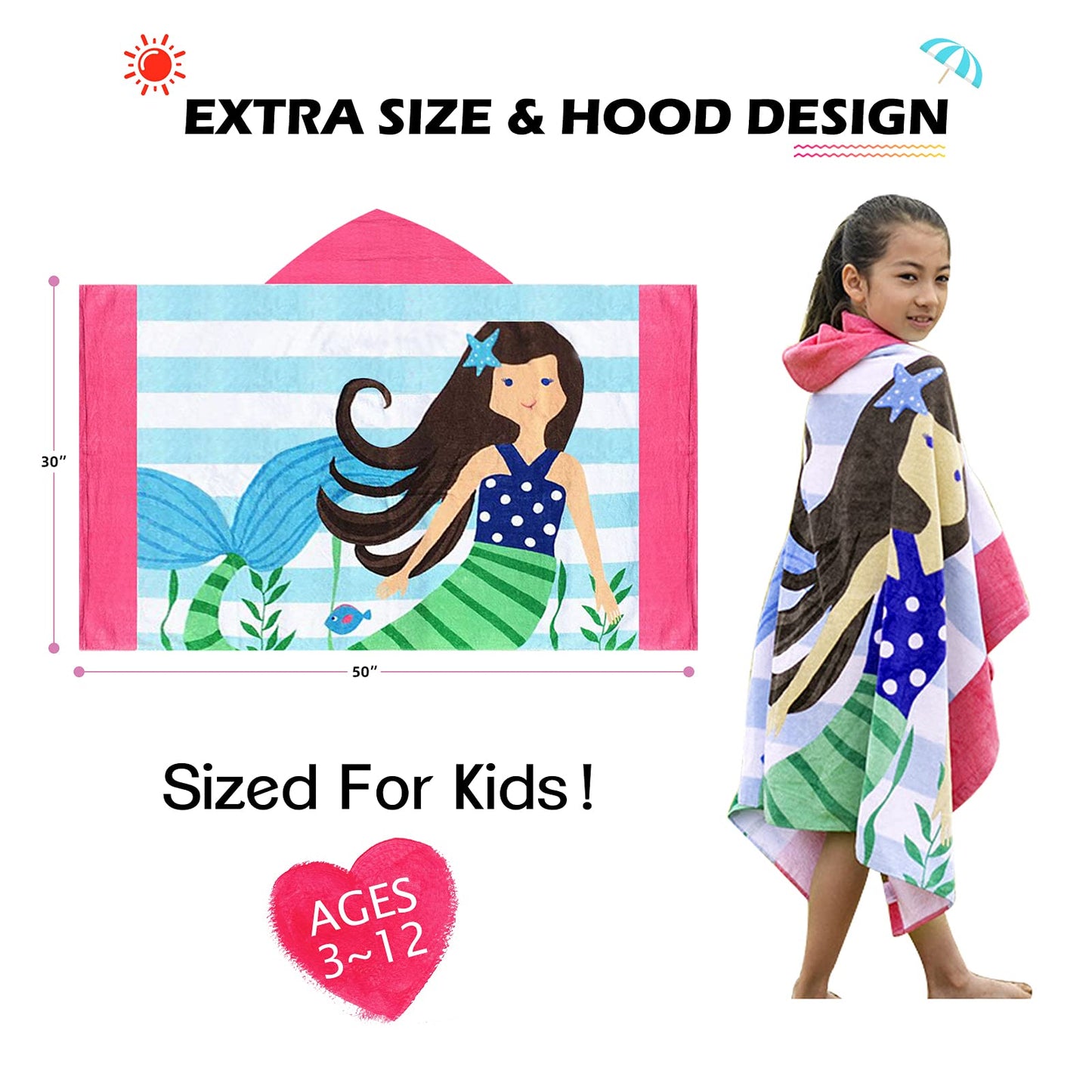 Bangsaur Kids Towels With Hood, Oversize Bath Pool Swiming Towel Wrap Toddlers Girls Baby 3-12 Years Cotton Changing Robe Star M