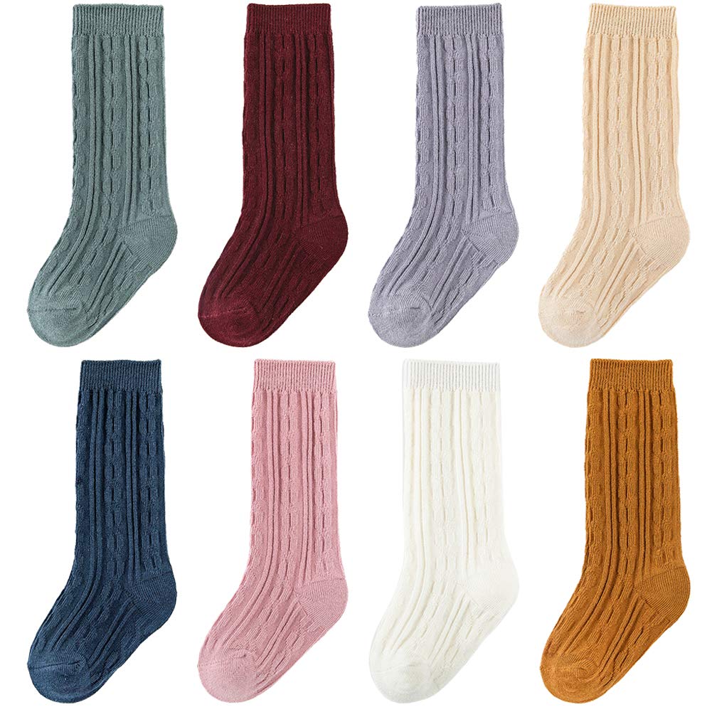 Zumou Toddler Knee High Socks 8 Pairs Baby Little Girls Cable Knit Cotton Stockings 0-5T (0-12 Months, Assorted 8-Pack)