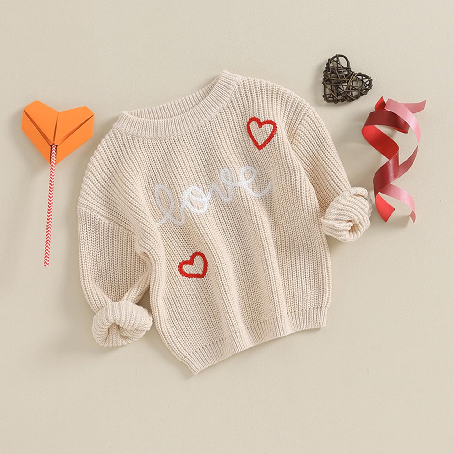Baby Girl Cute Long Sleeve Crew Neck Love Embroidery Sweater Toddler Valentine Day Outfits (Khaki Love, 6-9 Months)