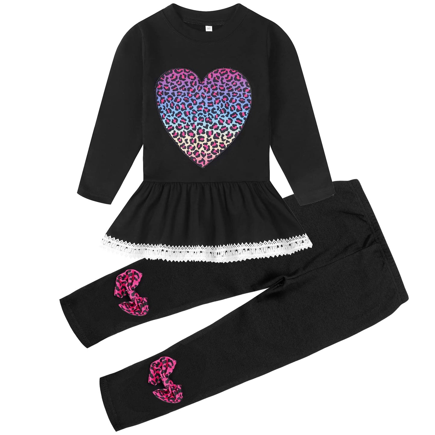 Retsugo Baby Girls Colorful Leopard Sweatsuit Print Heart Outfits Set 2 Piece Toddler Valentine'S Day Outfit Ruffle Long Sleeve