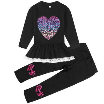 Retsugo Baby Girls Colorful Leopard Sweatsuit Print Heart Outfits Set 2 Piece Toddler Valentine'S Day Outfit Ruffle Long Sleeve