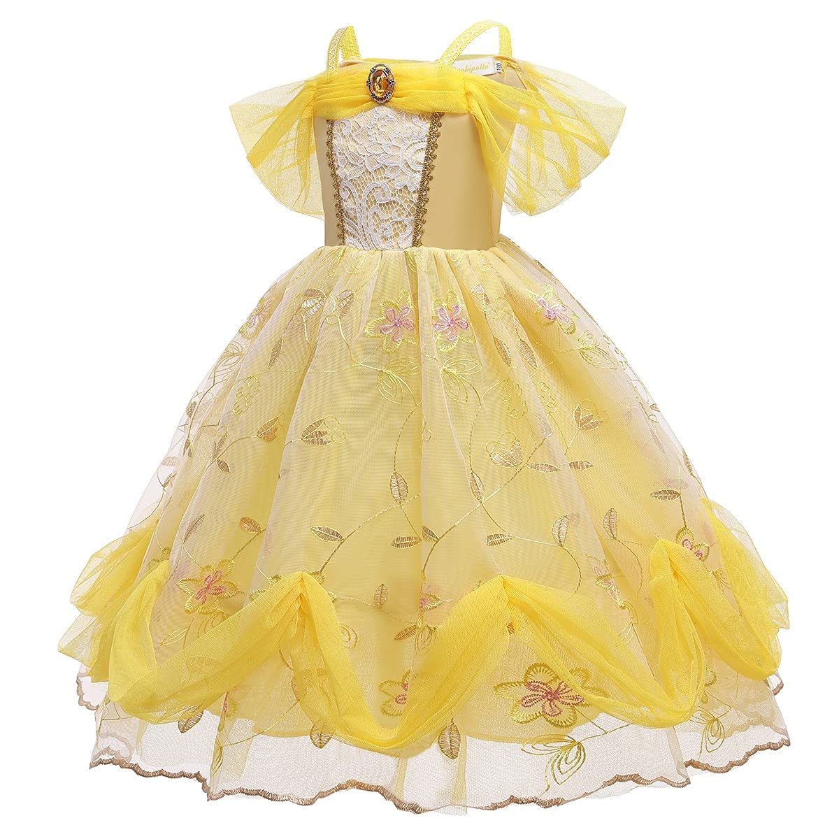 Fmyfwy Girls Belle Princess Fancy Dress Beauty And Beast Outfits Halloween Christmas Wedding Birthday Lace Gown,Yellow 012,9-10T