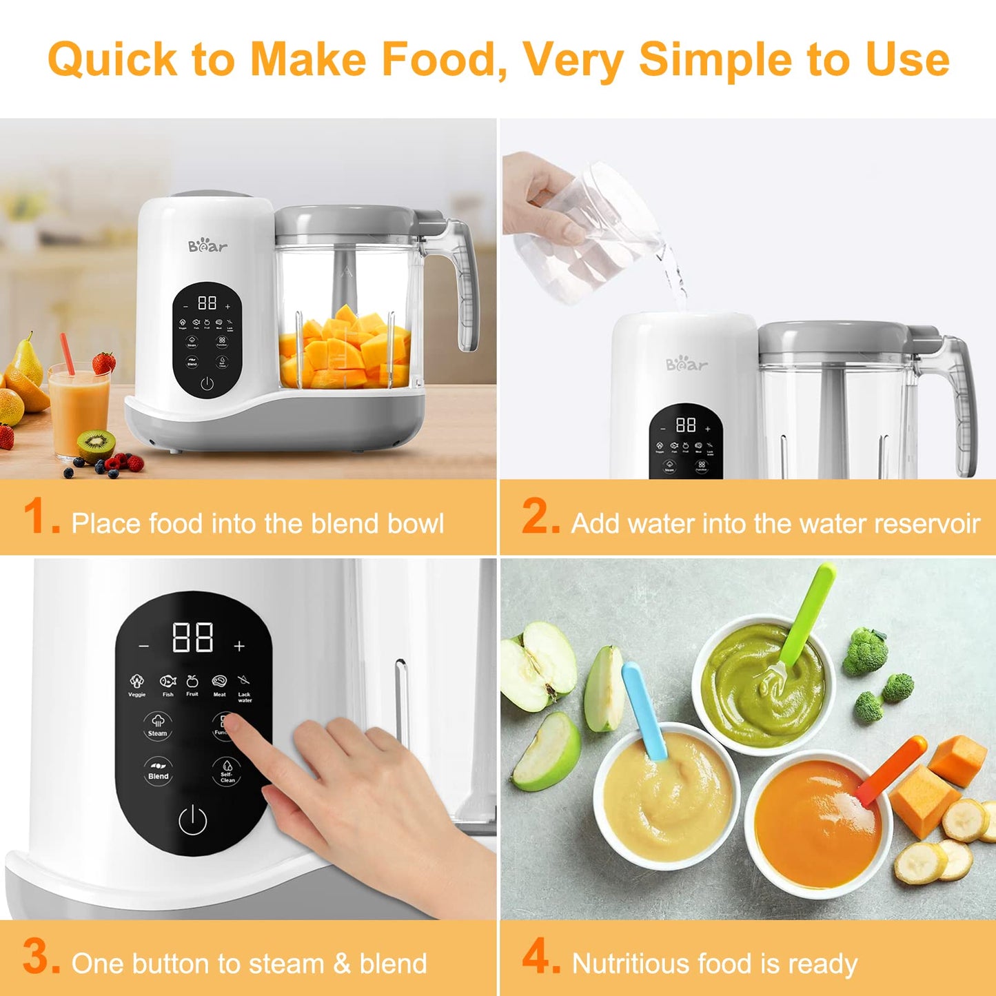 Bear 2024 Baby Food Maker | One Step Baby Food Processor Steamer Puree Blender | Auto Cooking & Grinding | Baby Food Puree Maker