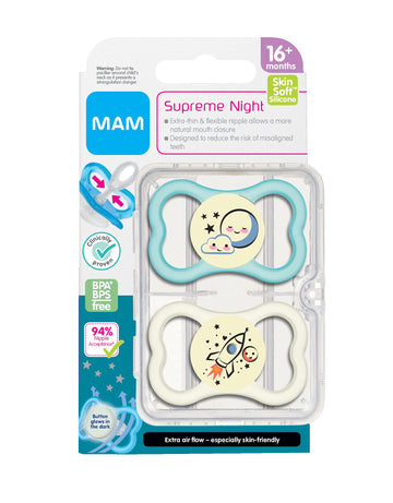 Mam Supreme Night Pacifiers (2 Pack, 1 Sterilizing Pacifier Case), Best Pacifier For Breastfed Babies 16+ Months, Glow In The Da