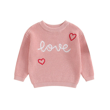 Baby Girl Cute Long Sleeve Crew Neck Love Embroidery Sweater Toddler Valentine Day Outfits (Pink Love Heart, 9-12 Months)