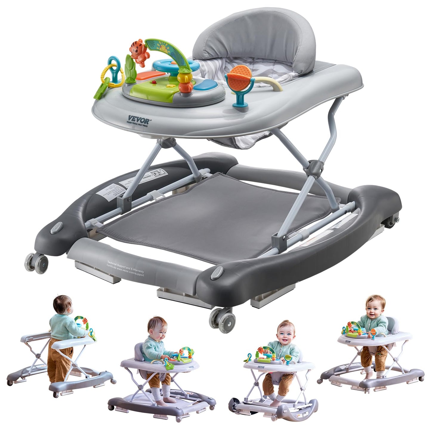 VEVOR 4-in-1 Baby Walker, Foldable Baby Activity Center with Wheels, 3 Adjustable Height, Music & Toys Tray, Learning-Seated | W