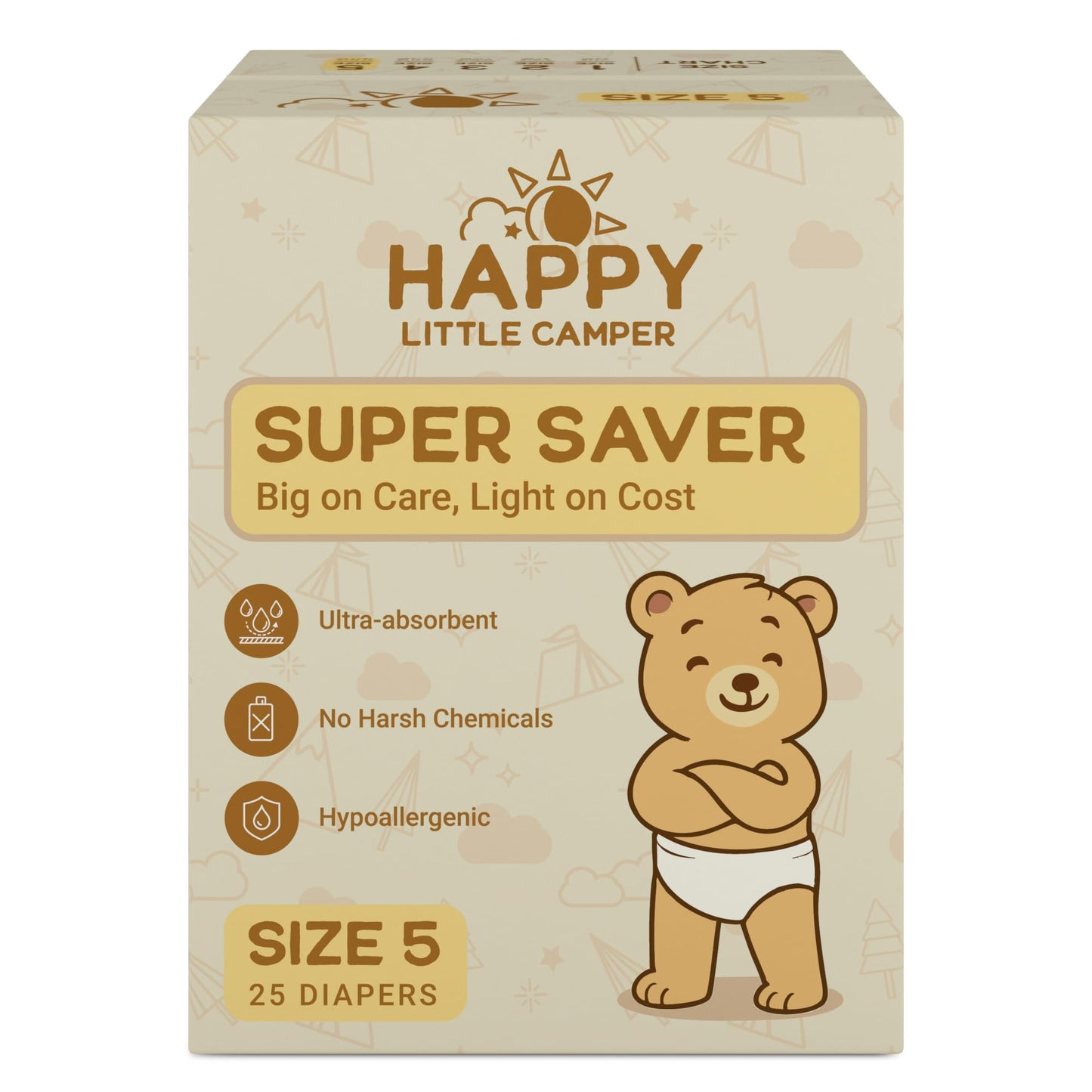 Happy Little Camper Super Saver Diapers, Size 5, 25 Count | Budget-Friendly Disposable Diapers for Sensitive Skin | Hypoallergen