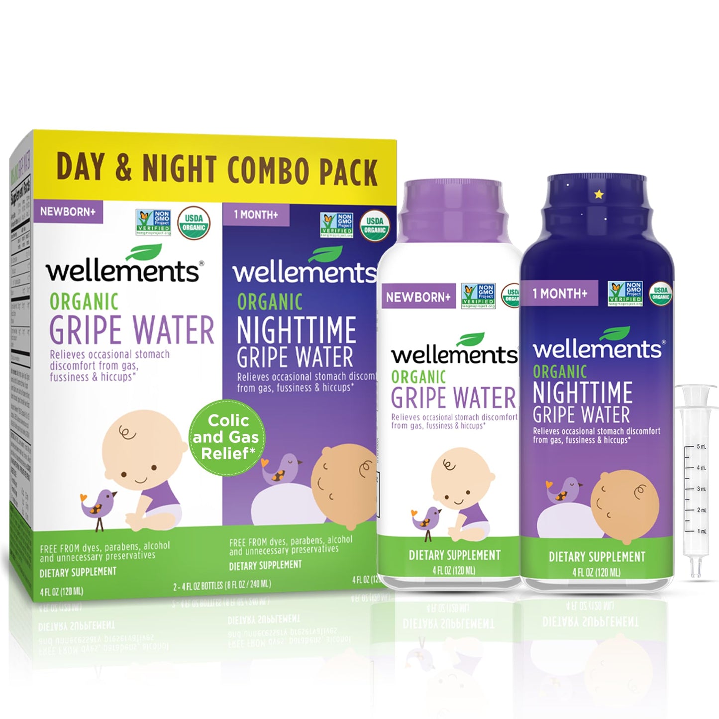 Wellements Organic Gripe Water for Babies Day & Night Combo Pack (4 Fl Oz) - Infant Gripe Water Newborn Calms Occasional Stomach