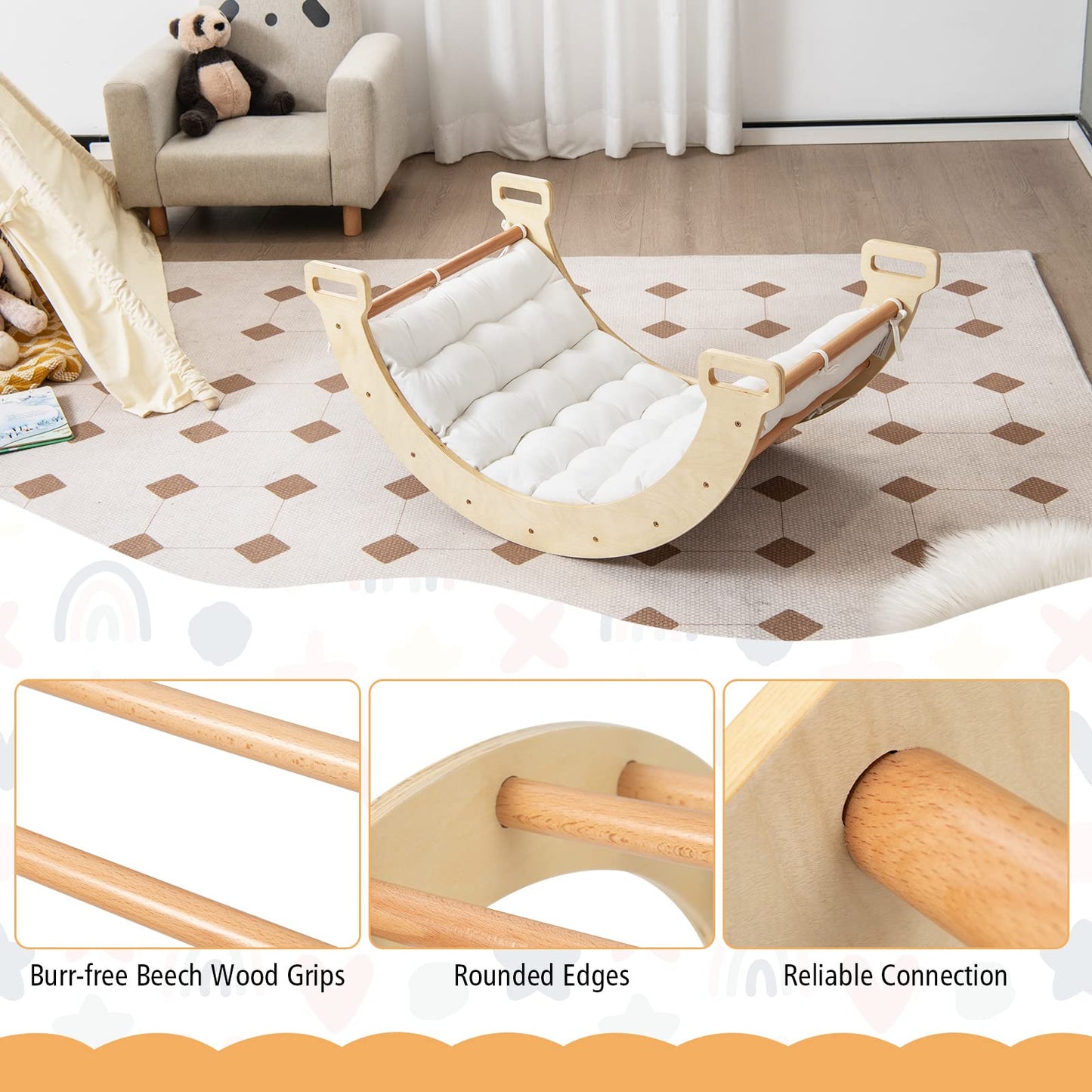 Honey Joy Wooden Ladder Arch For Climbing, 3-In-1 Kids Climber Ladder & Rocker Board W/Cushion Pad, Triangle Climber For Playgro