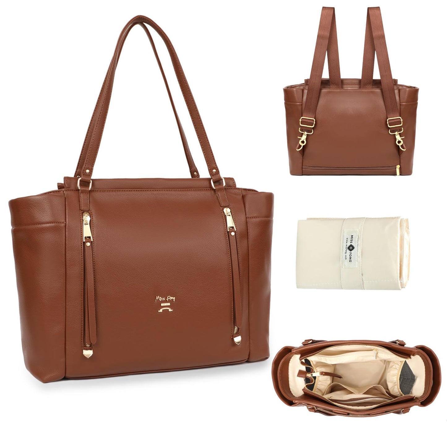 Miss Fong Diaper Bag Tote Leather Diaper Bag Backpack, Large Capacity Mommy Bag Hospital Bag, 12 Pockets Travel Diaper Tote With