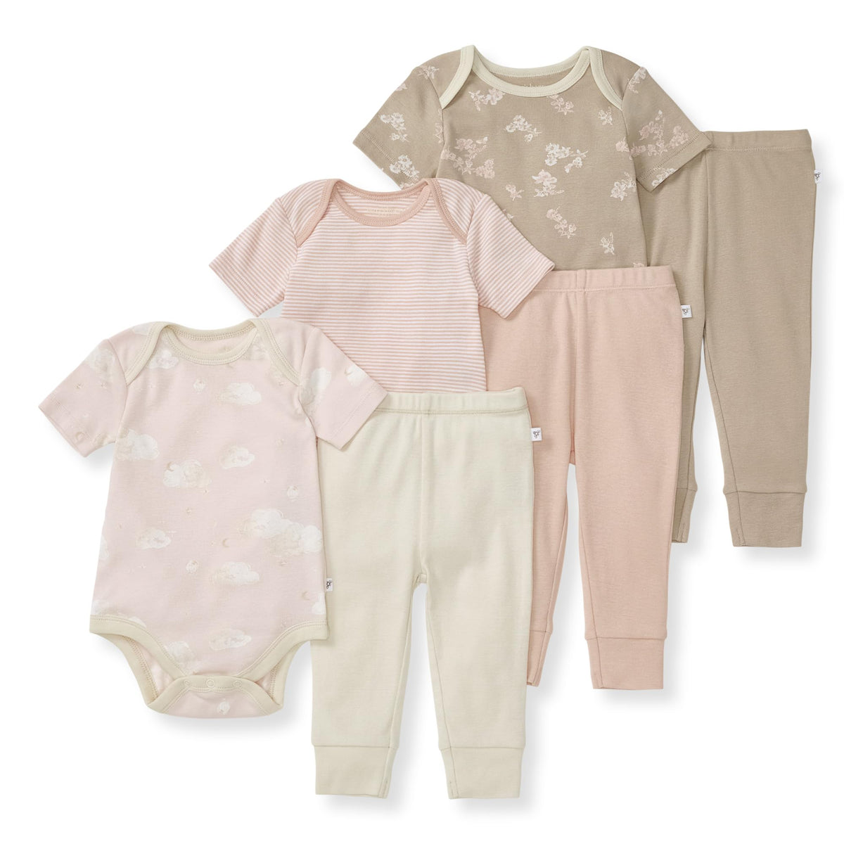 Burt Bees  6Pk Baby Girl Organic Cotton Bodysuit & Pant Set, Ranunculus, Pink 6Piece Set, 69 Months