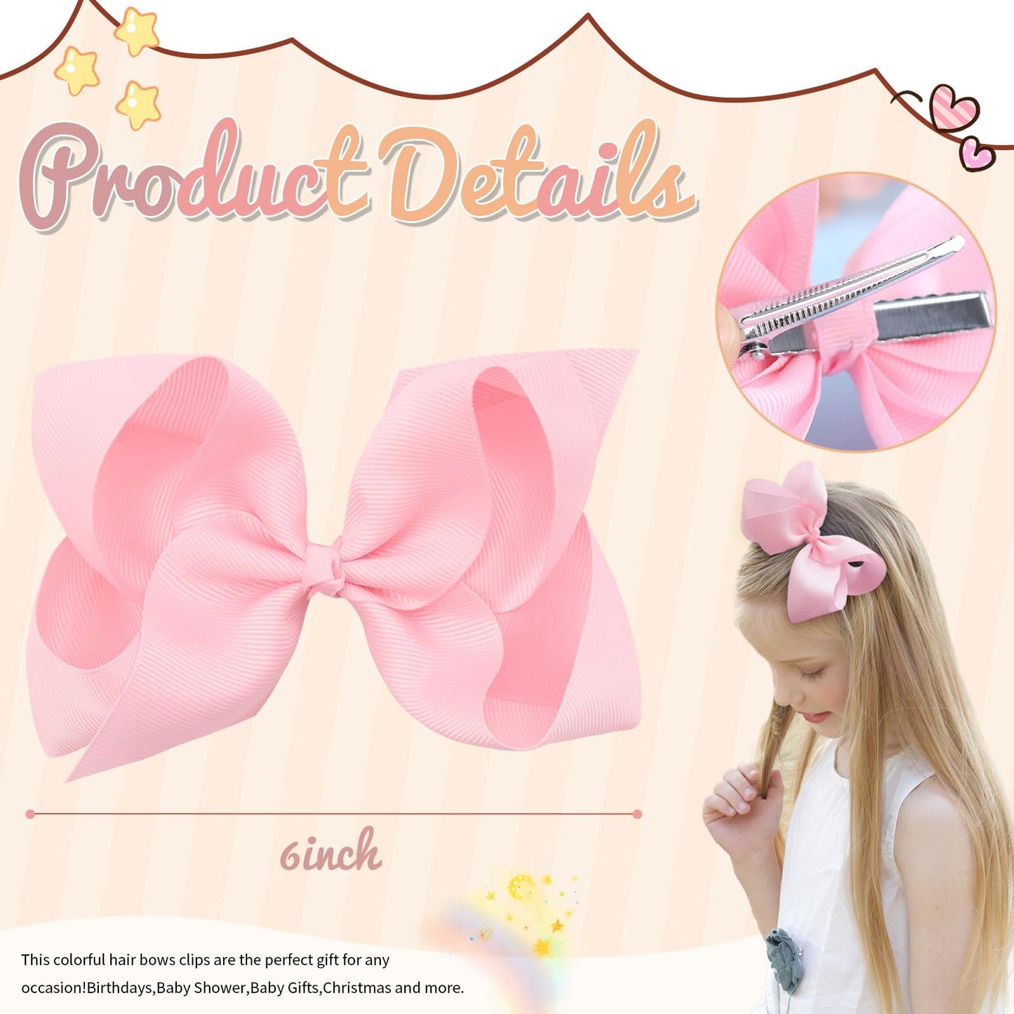 Oaoleer 2Pcs 6Inch Hair Bows Clips, Pink Layered Grosgrain Ribbon Bows Hair Alligator Clips Hair Barrettes For Baby Girls Infant