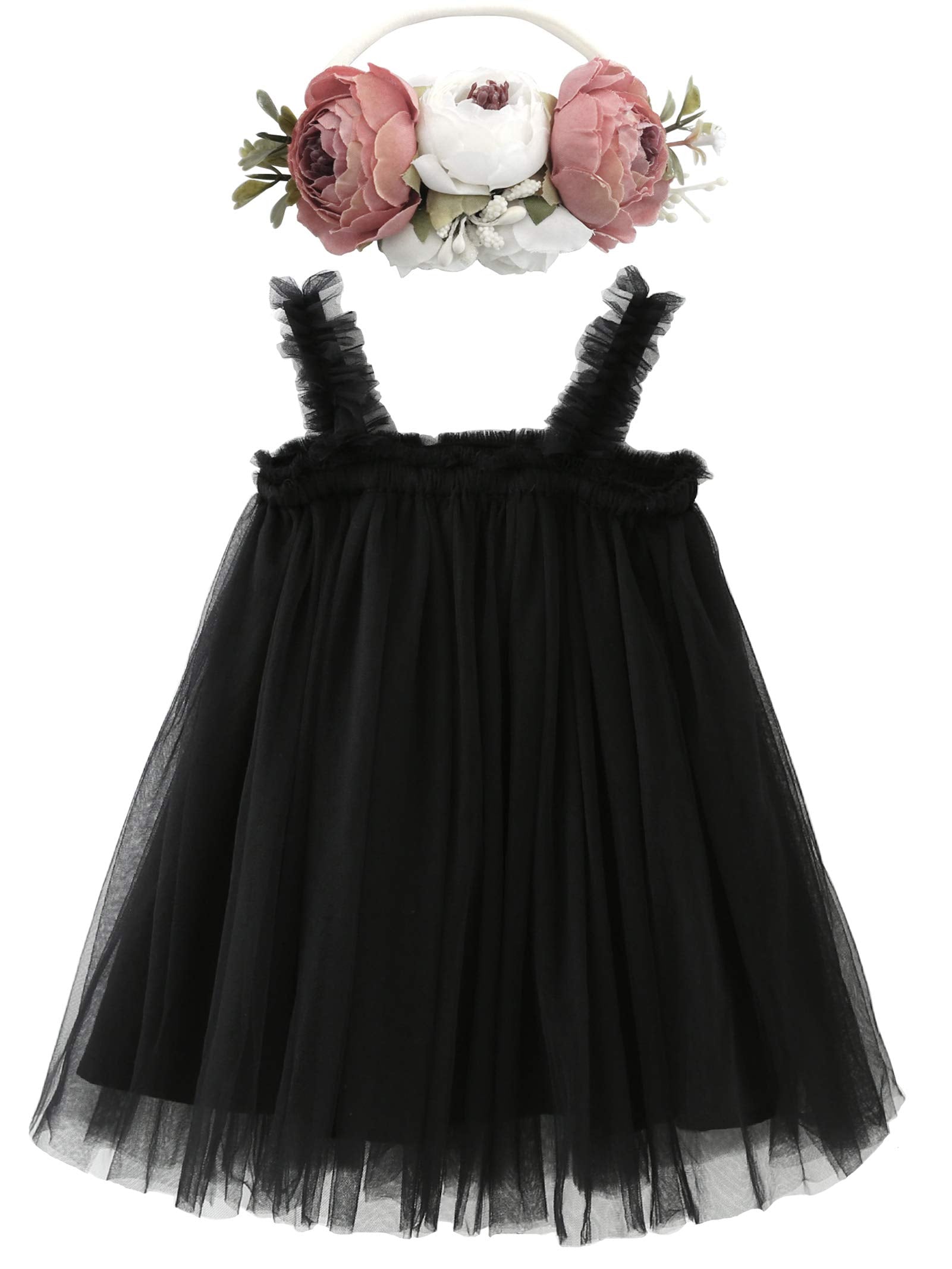 Bgfks Layered Tulle Tutu Dress For Toddler Girls,Baby Girl Rainbow Tutu Princess Skirt Set With Flower Headband.(Black,12 Months