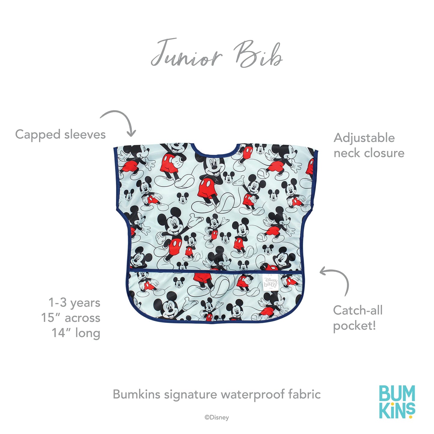 Bumkins Junior Short Sleeve Toddler Bib, Smock For Kids 1-3 Years, Waterproof Fabric, Disney Mickey Mouse Classic