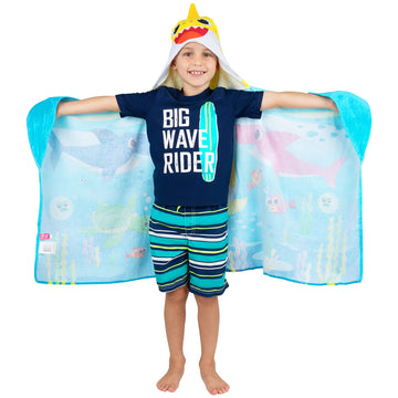 Franco Baby Shark Bath/Pool/Beach Soft Cotton Terry Hooded Towel Wrap, 24 In X 50 In, Kids