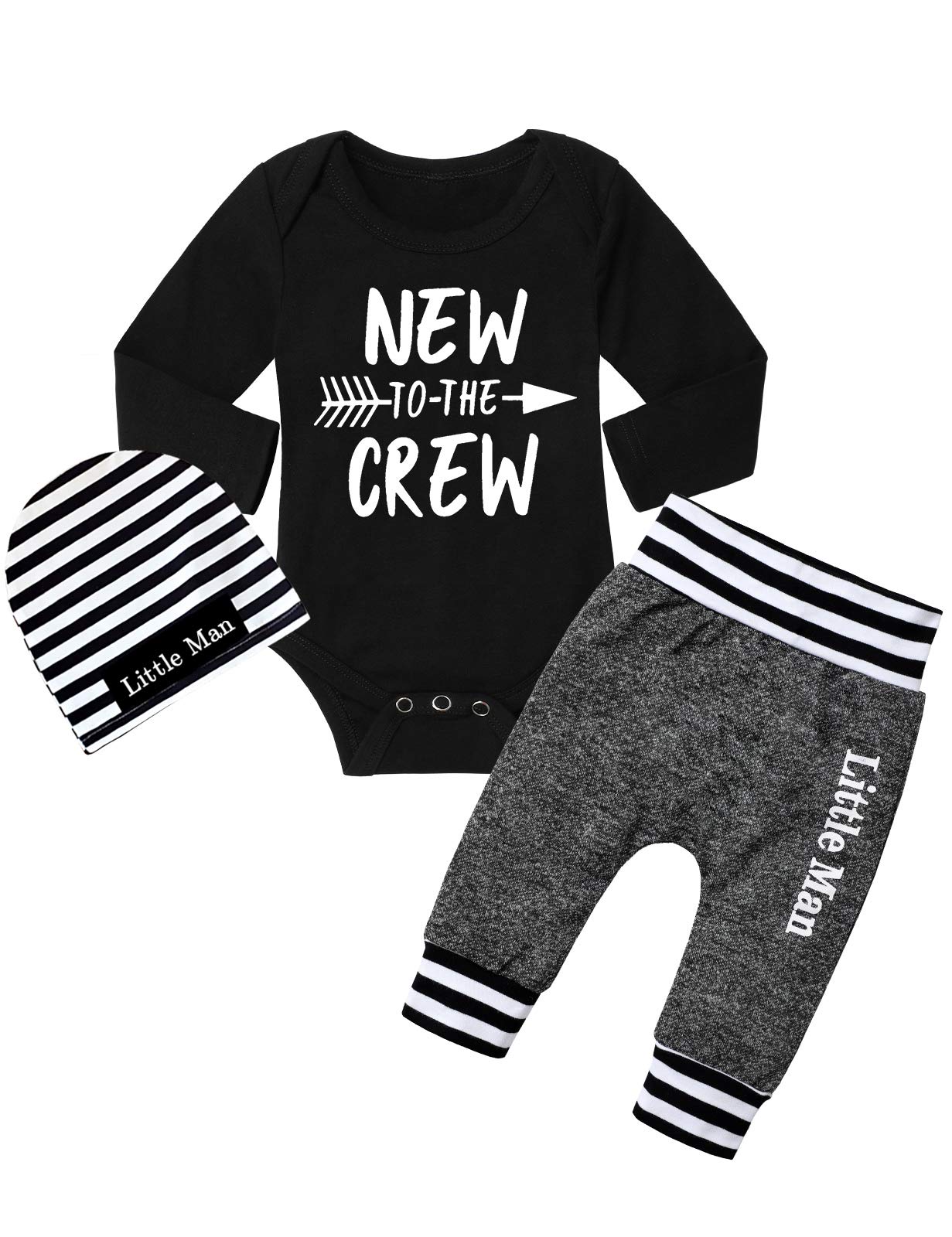Baby Boy Clothes 0-3 Months Infant Outfits New To The Crew Long Sleeve Romper+ Little Man Pants+ Striped Hat 3Pcs Baby Boy Fall